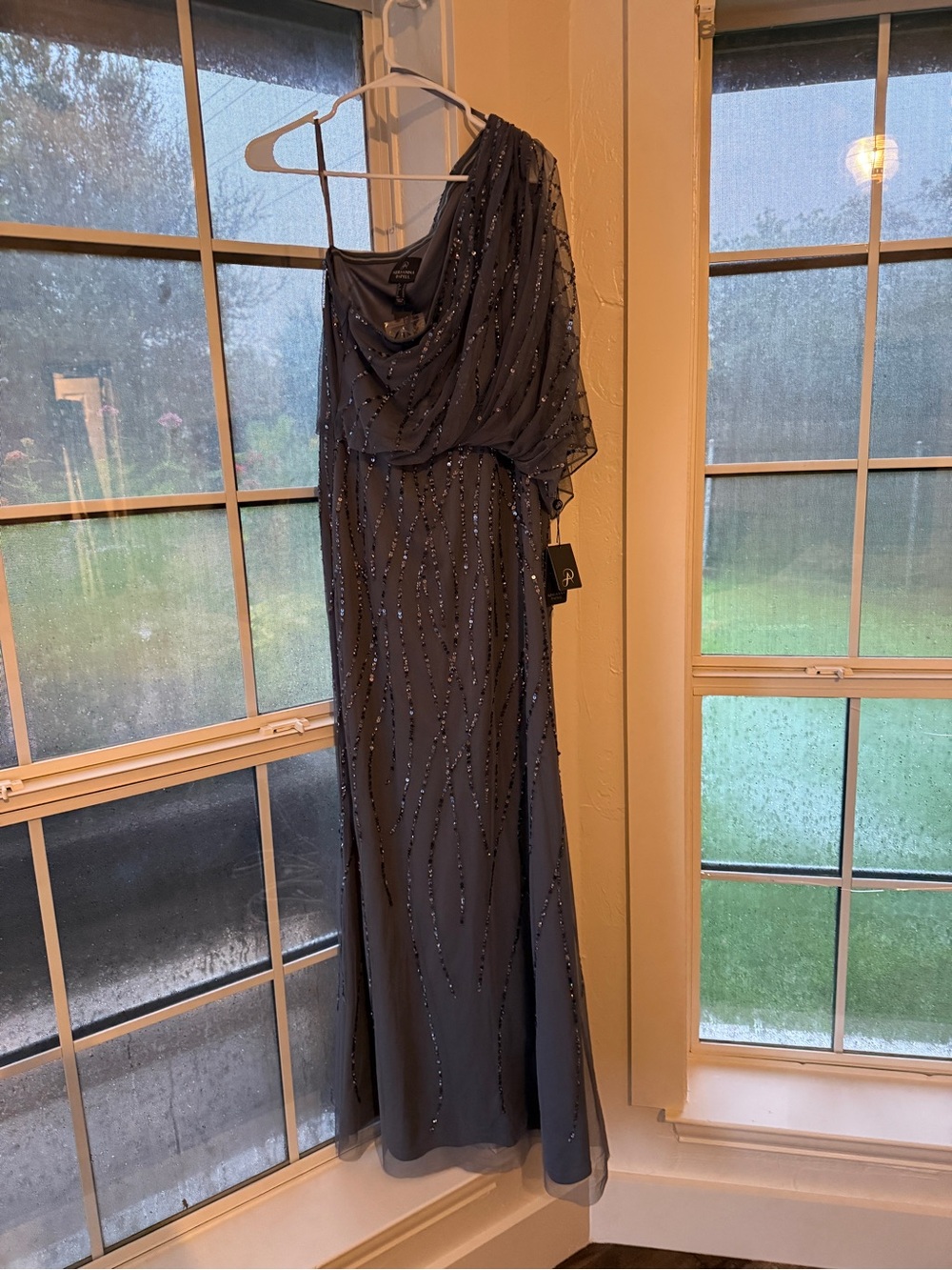 NWT - Adrianna Papell One-Shoulder Slate Blue Sequin Gown - Picture 6 of 6